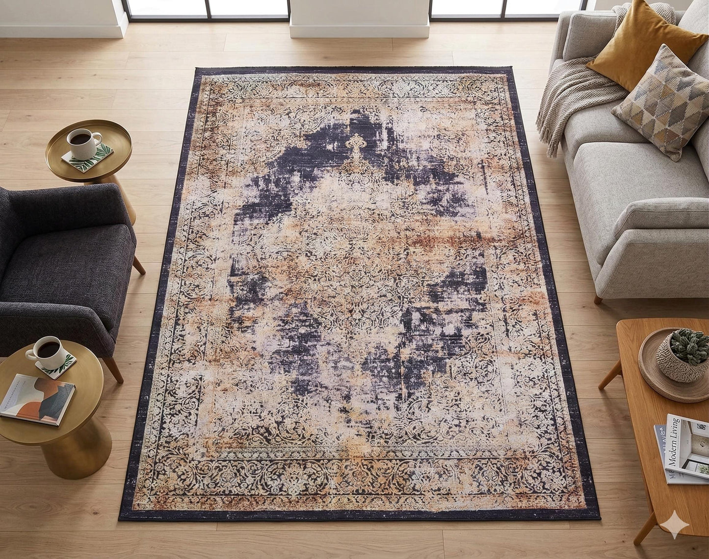 Distressed Persian Medallion Area Rug – Navy, Gold, Cream – Washable, Non-Slip Carpet