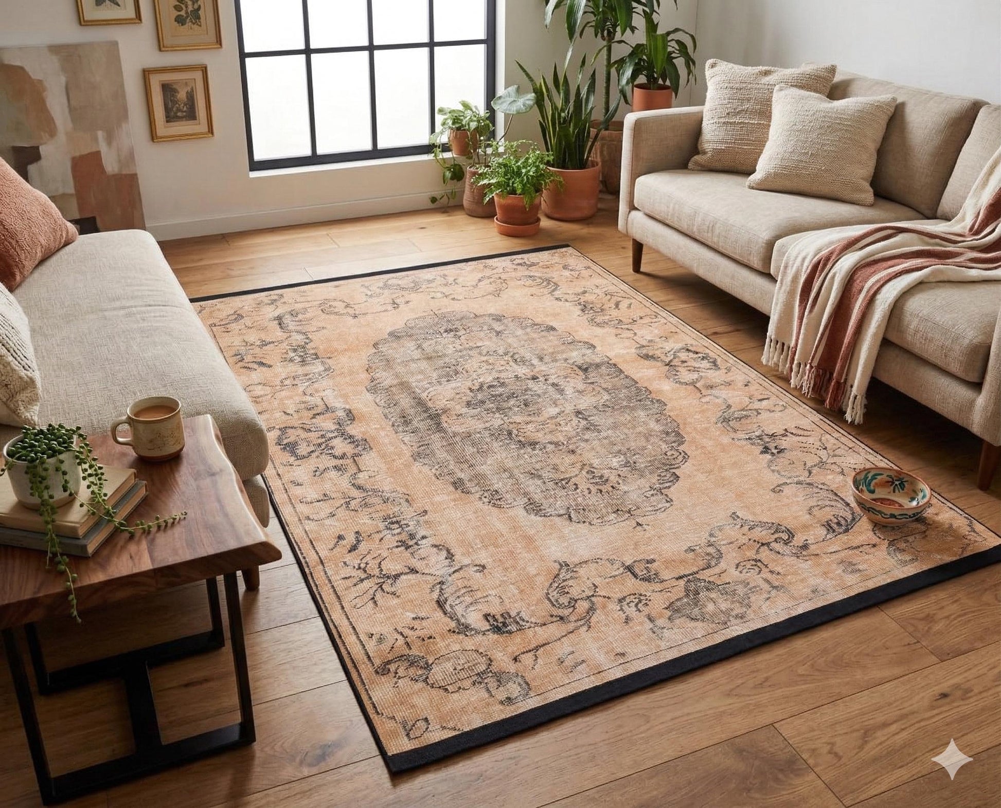 Distressed Medallion Area Rug – Turkish Style Terracotta Oriental Carpet