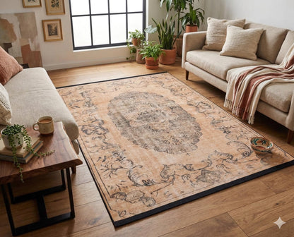 Distressed Medallion Area Rug – Turkish Style Terracotta Oriental Carpet