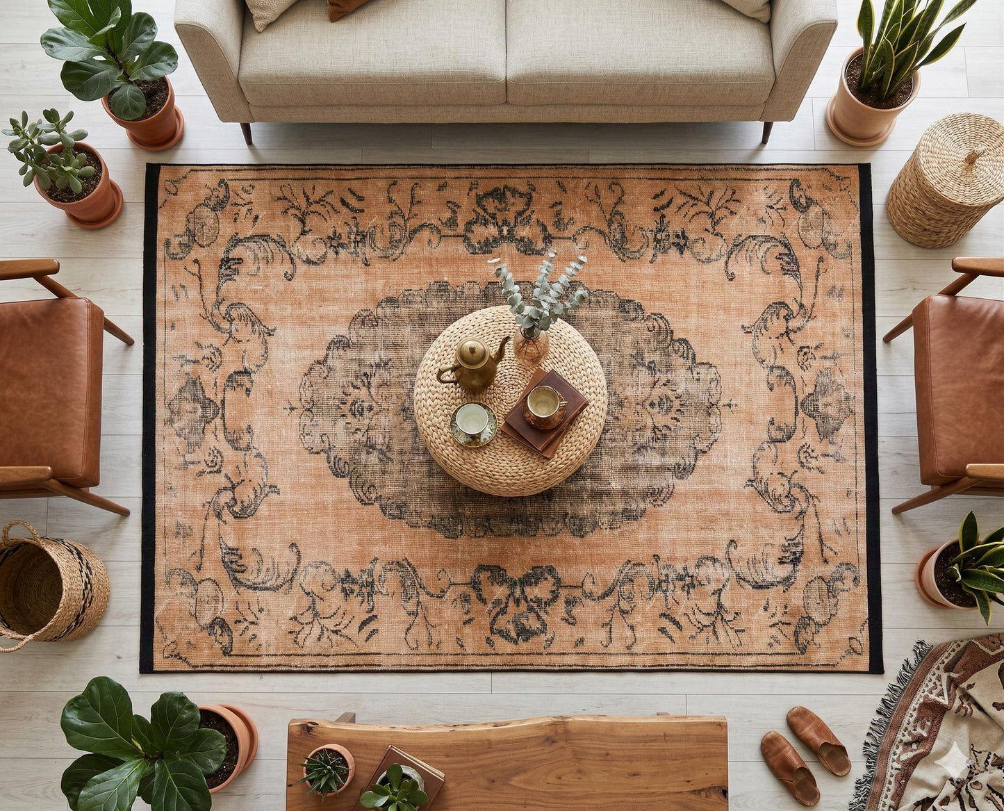 Distressed Medallion Area Rug – Turkish Style Terracotta Oriental Carpet