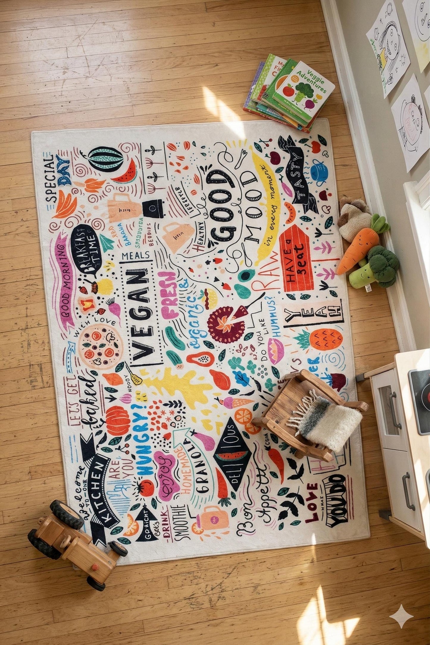 Kids Playroom Rug – Doodle Art Kitchen & Vegan Food Area Carpet