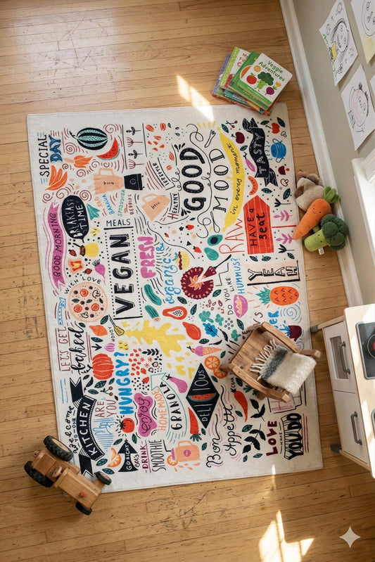 Kids Playroom Rug – Doodle Art Kitchen & Vegan Food Area Carpet
