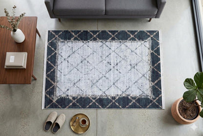 Distressed Teal Lattice Area Rug – Faded Geometric Carpet for Living Room