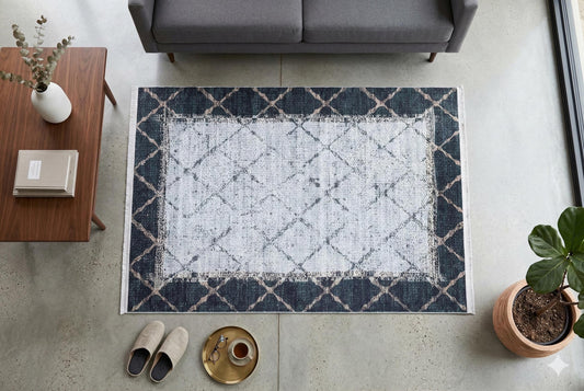 Distressed Teal Lattice Area Rug – Faded Geometric Carpet for Living Room