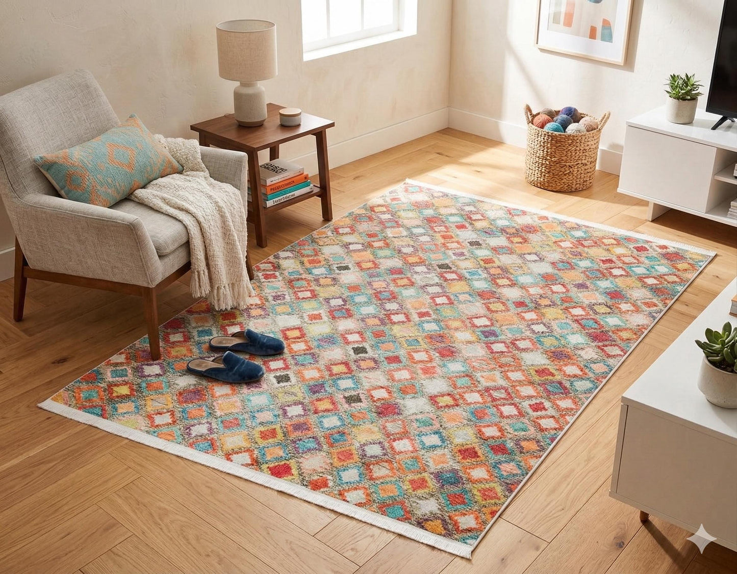 Vibrant Geometric Diamond Rug – Washable Mid-Century Boho Fringed Area Rug