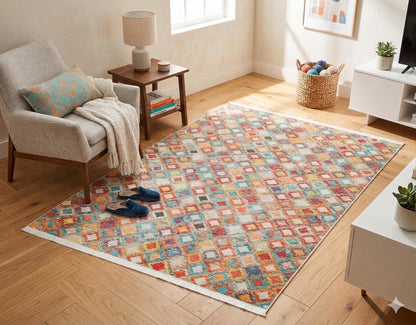 Vibrant Geometric Diamond Rug – Washable Mid-Century Boho Fringed Area Rug