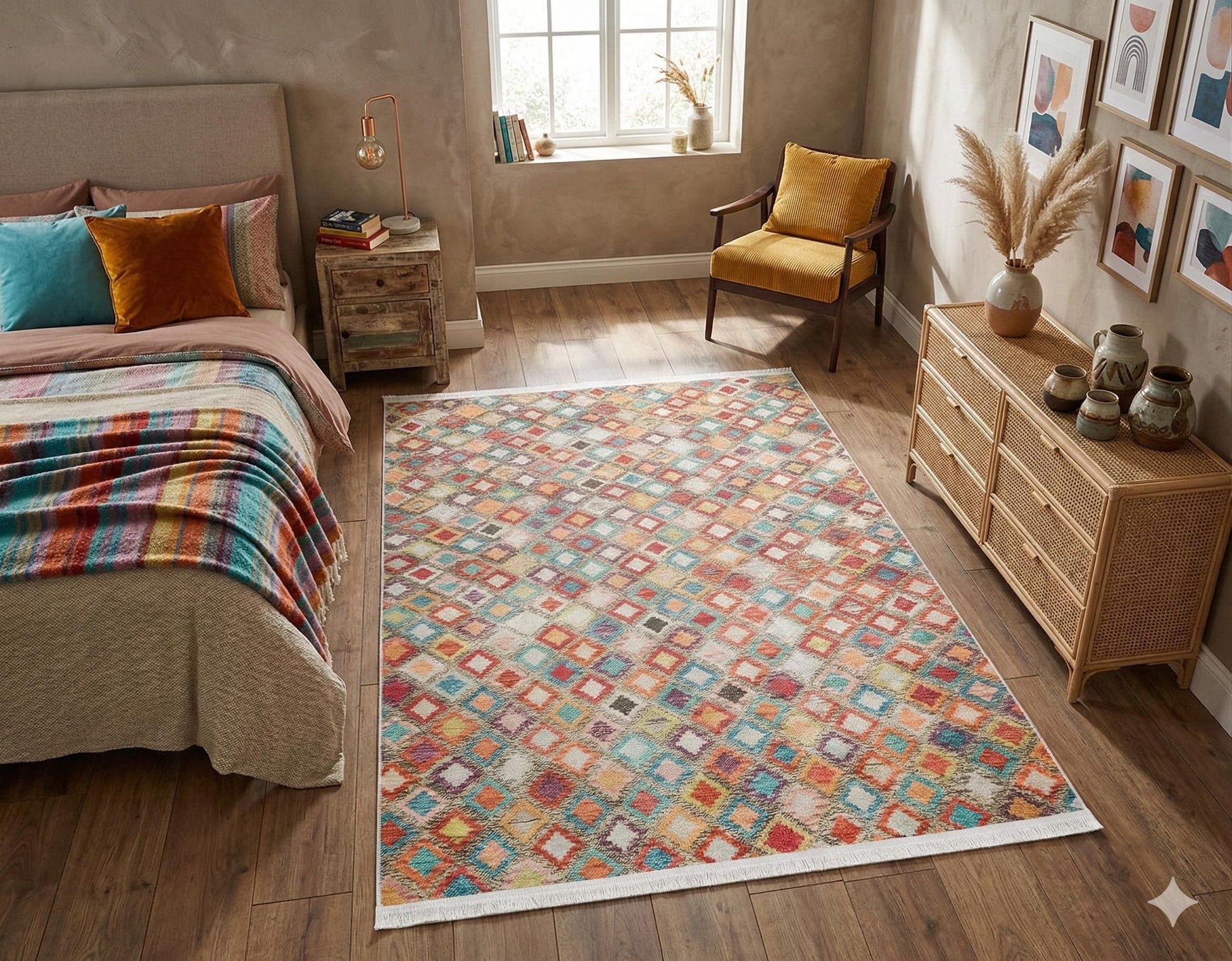 Vibrant Geometric Diamond Rug – Washable Mid-Century Boho Fringed Area Rug