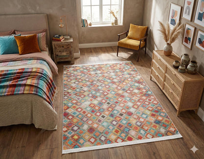 Vibrant Geometric Diamond Rug – Washable Mid-Century Boho Fringed Area Rug