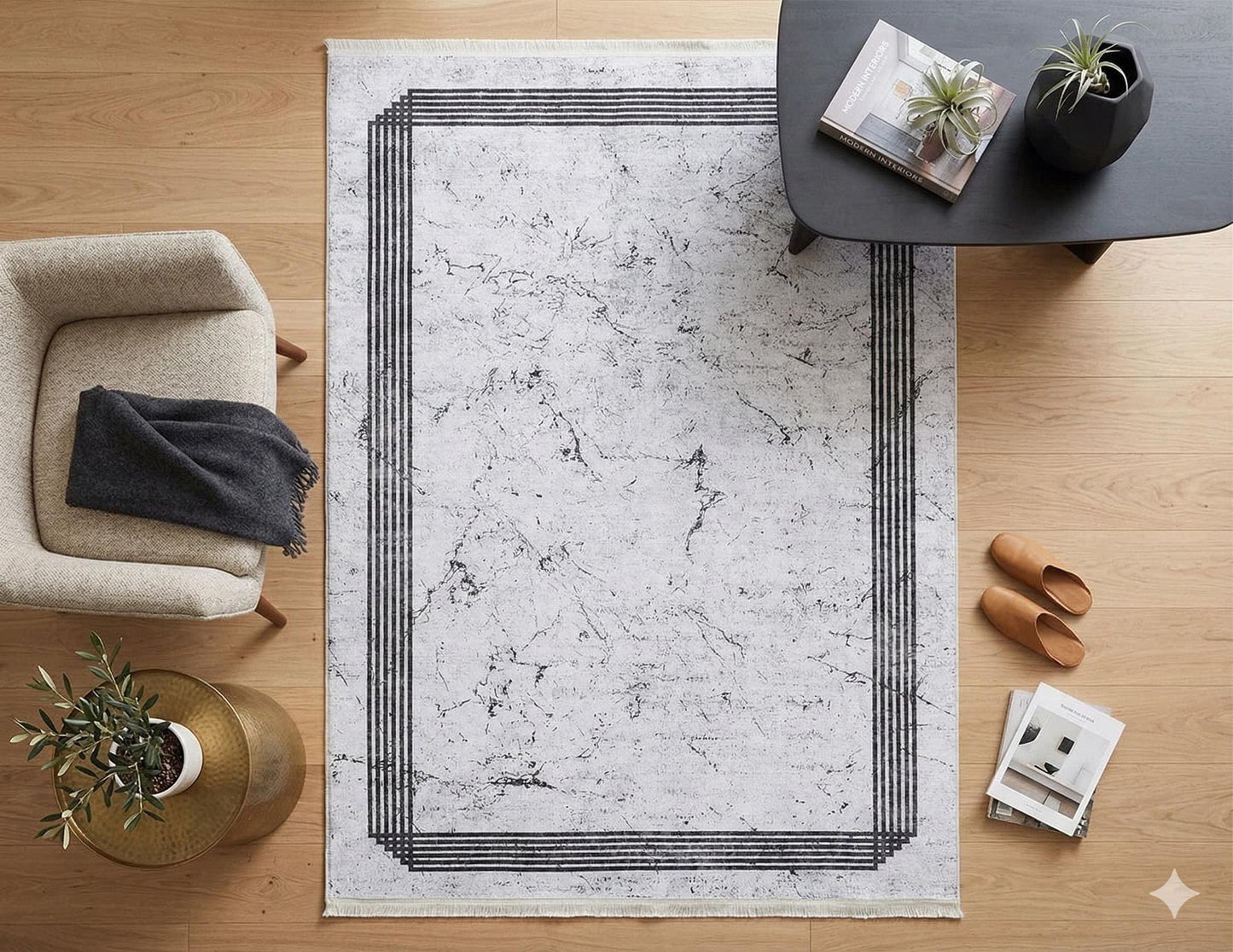 Modern Marble Washable Area Rug – Grey & White Minimalist Geometric Border Carpet