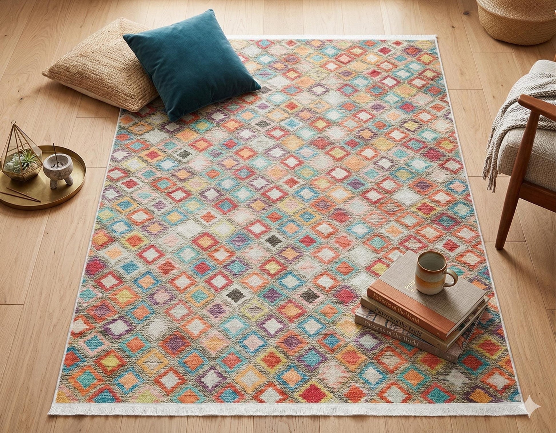 Vibrant Geometric Diamond Rug – Washable Mid-Century Boho Fringed Area Rug