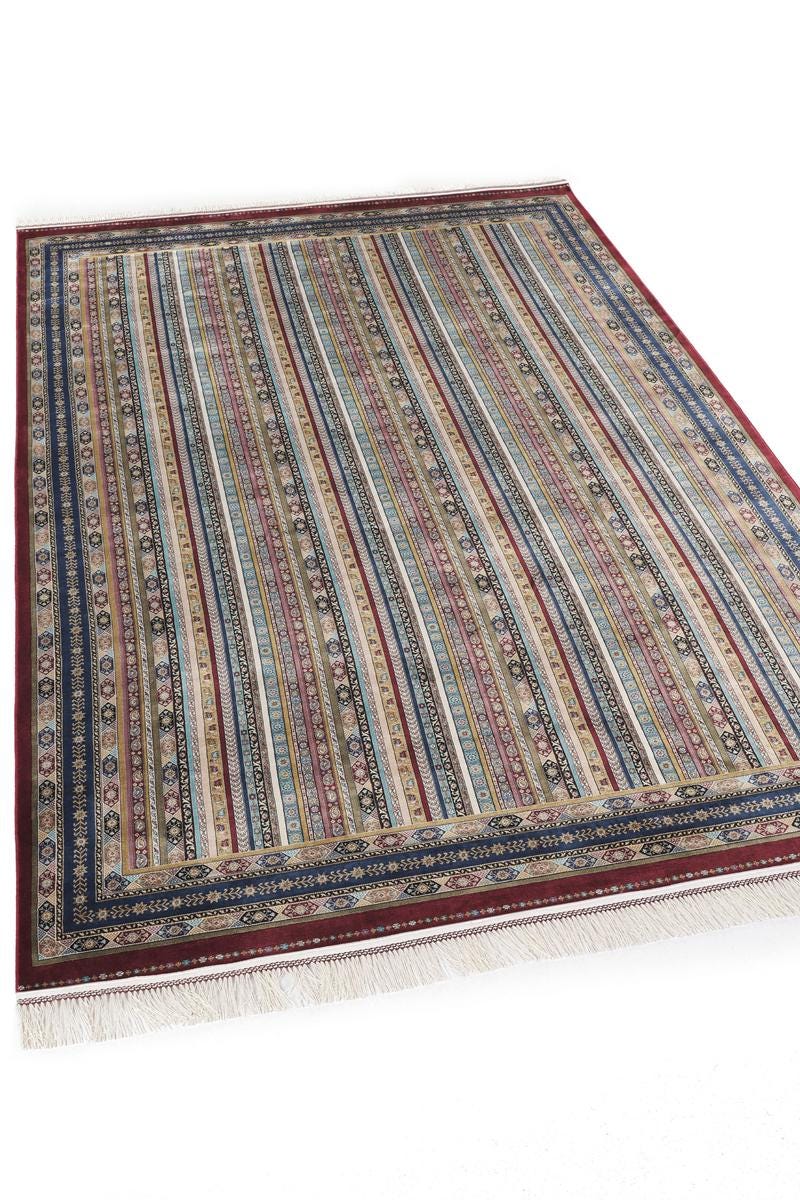 Red Striped Area Rug – Silk-Feel Viscose Oriental Carpet