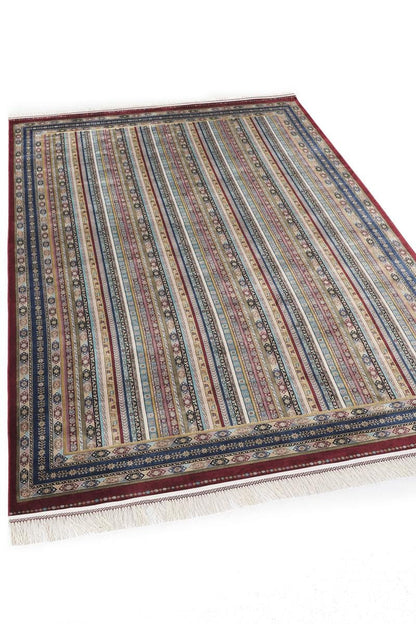 Red Striped Area Rug – Silk-Feel Viscose Oriental Carpet