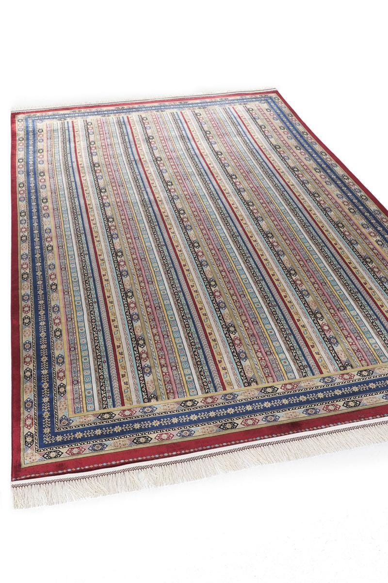 Red Striped Area Rug – Silk-Feel Viscose Oriental Carpet
