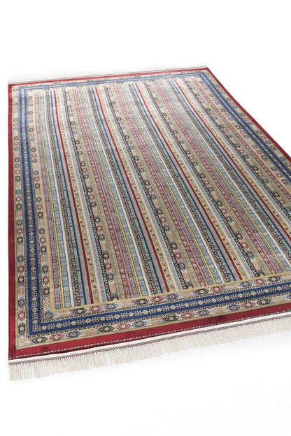 Red Striped Area Rug – Silk-Feel Viscose Oriental Carpet