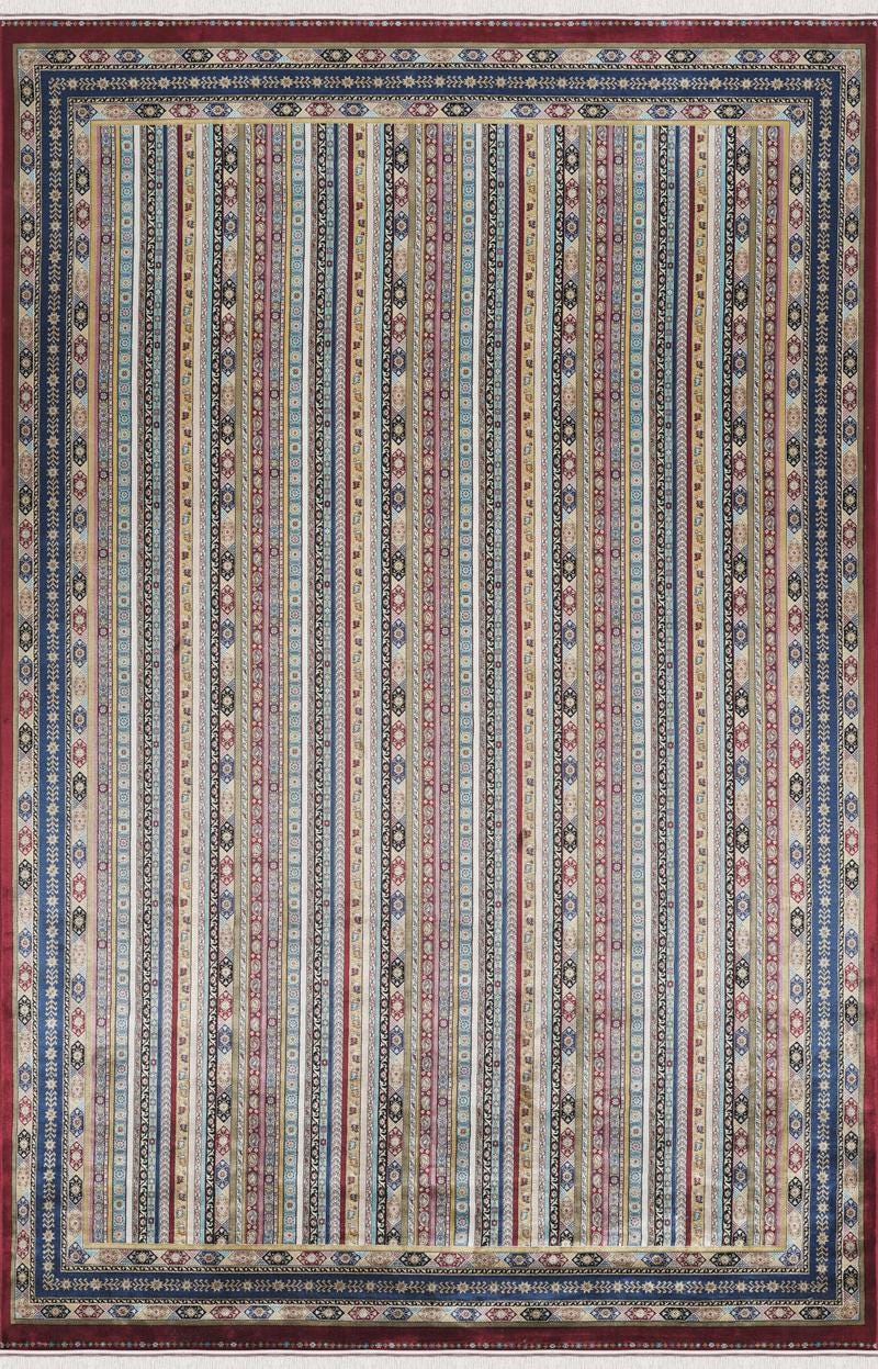 Red Striped Area Rug – Silk-Feel Viscose Oriental Carpet