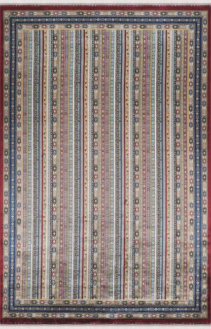 Red Striped Area Rug – Silk-Feel Viscose Oriental Carpet