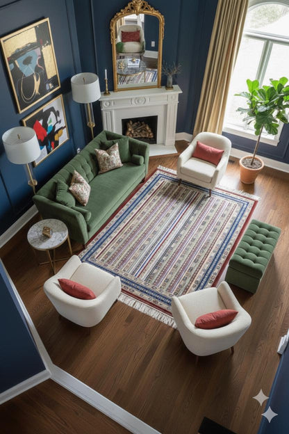 Red Striped Area Rug – Silk-Feel Viscose Oriental Carpet