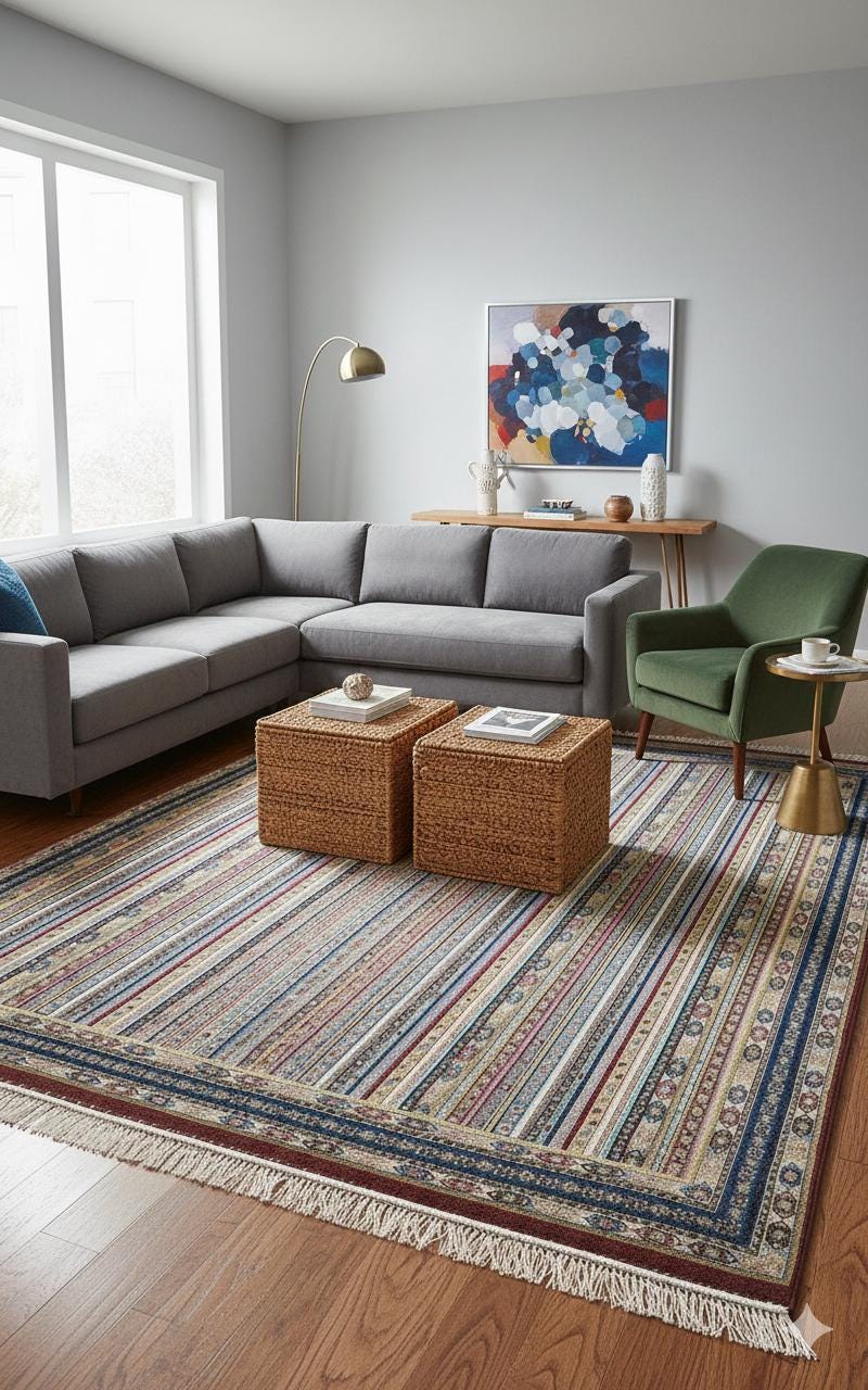 Red Striped Area Rug – Silk-Feel Viscose Oriental Carpet