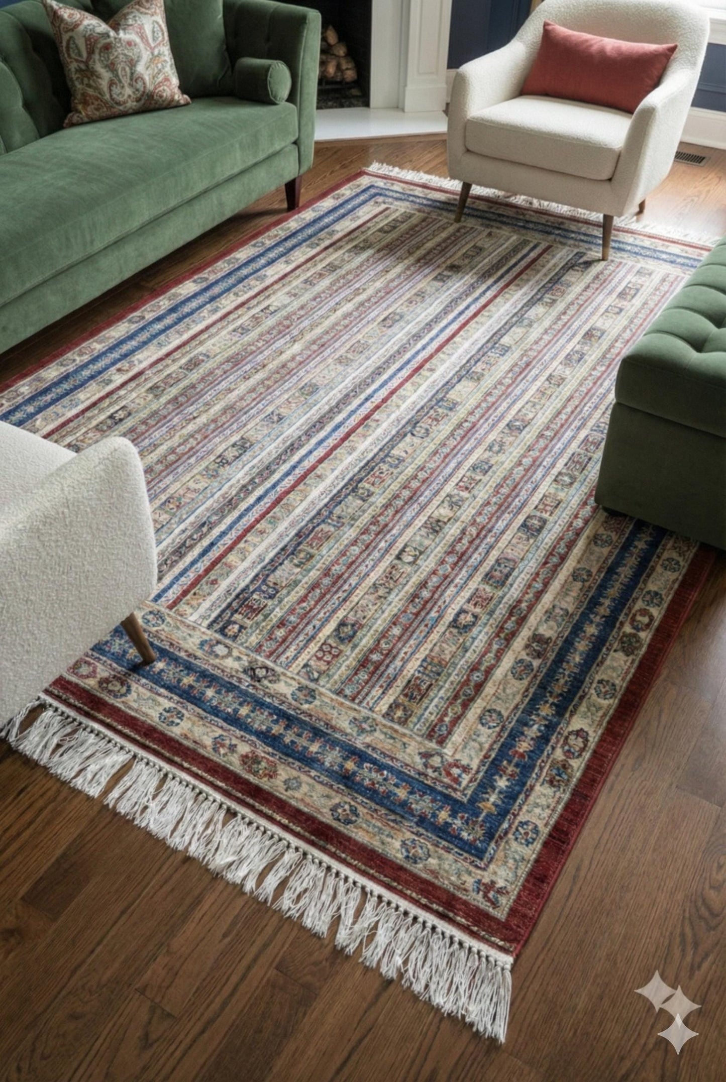 Red Striped Area Rug – Silk-Feel Viscose Oriental Carpet