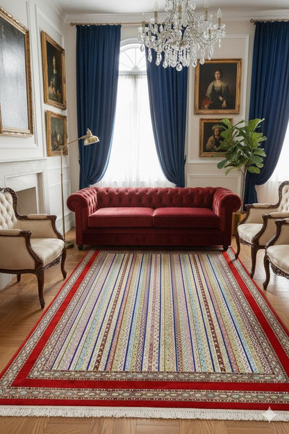 Red Striped Area Rug – Silk-Feel Viscose Oriental Carpet