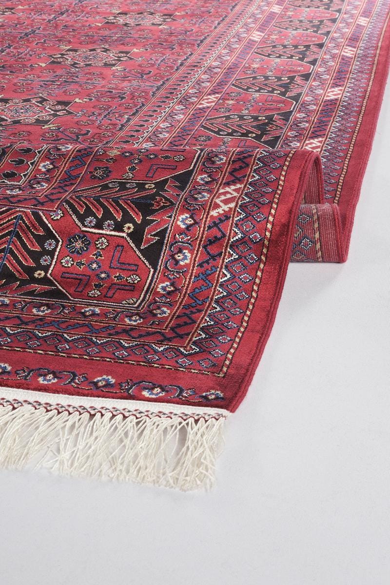 Red Afghan Area Rug – Silk-Feel Viscose Oriental Carpet