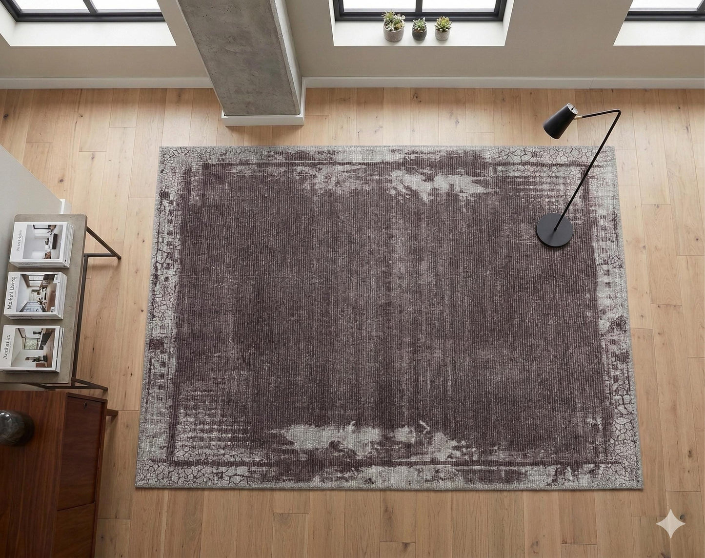 Distressed Abstract Area Rug – Muted Plum, Charcoal Grey, Low Pile Carpet