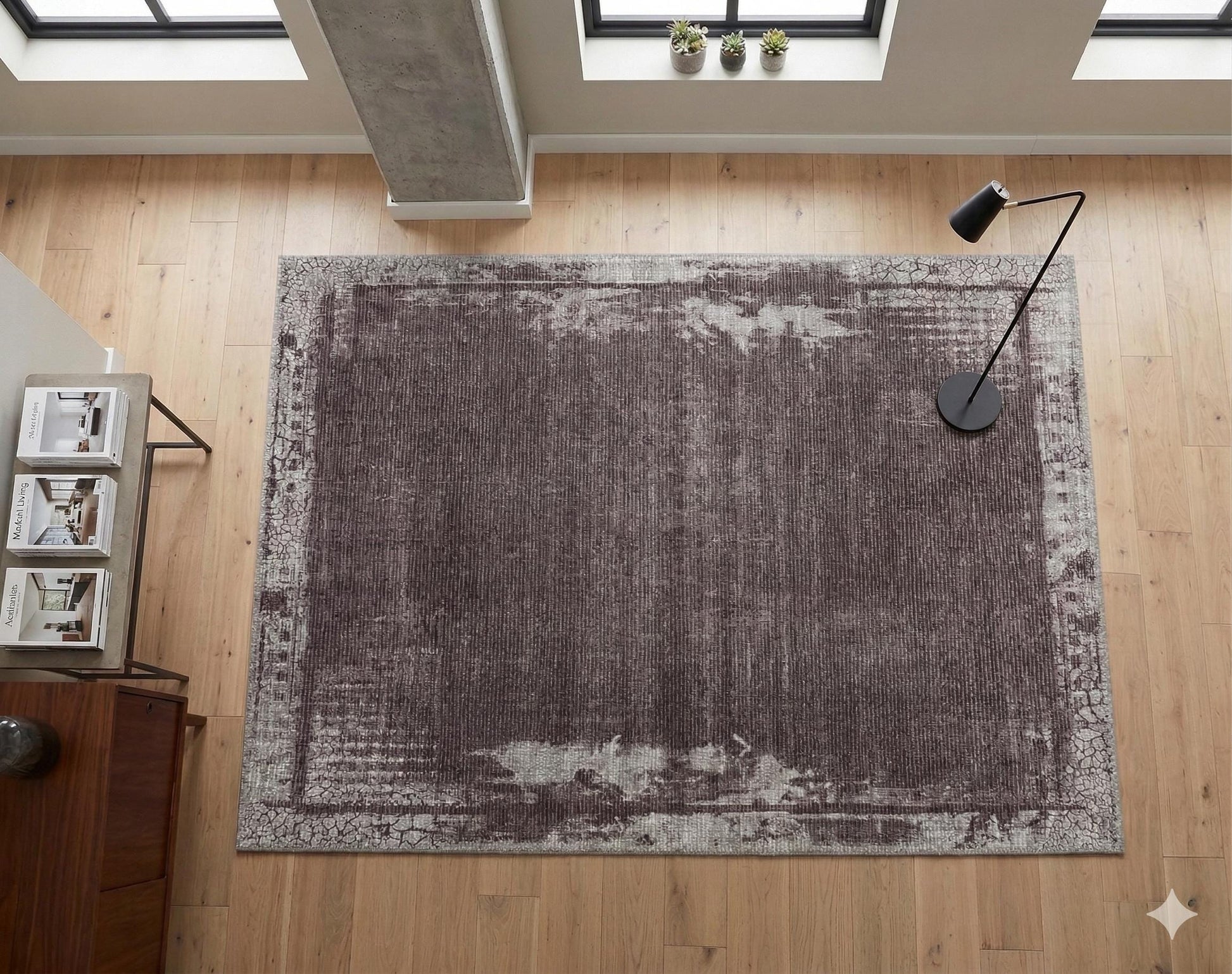 Distressed Abstract Area Rug – Muted Plum, Charcoal Grey, Low Pile Carpet
