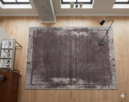 Distressed Abstract Area Rug – Muted Plum, Charcoal Grey, Low Pile Carpet