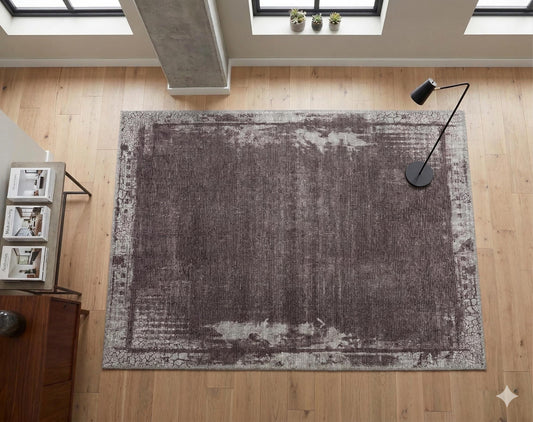 Distressed Abstract Area Rug – Muted Plum, Charcoal Grey, Low Pile Carpet