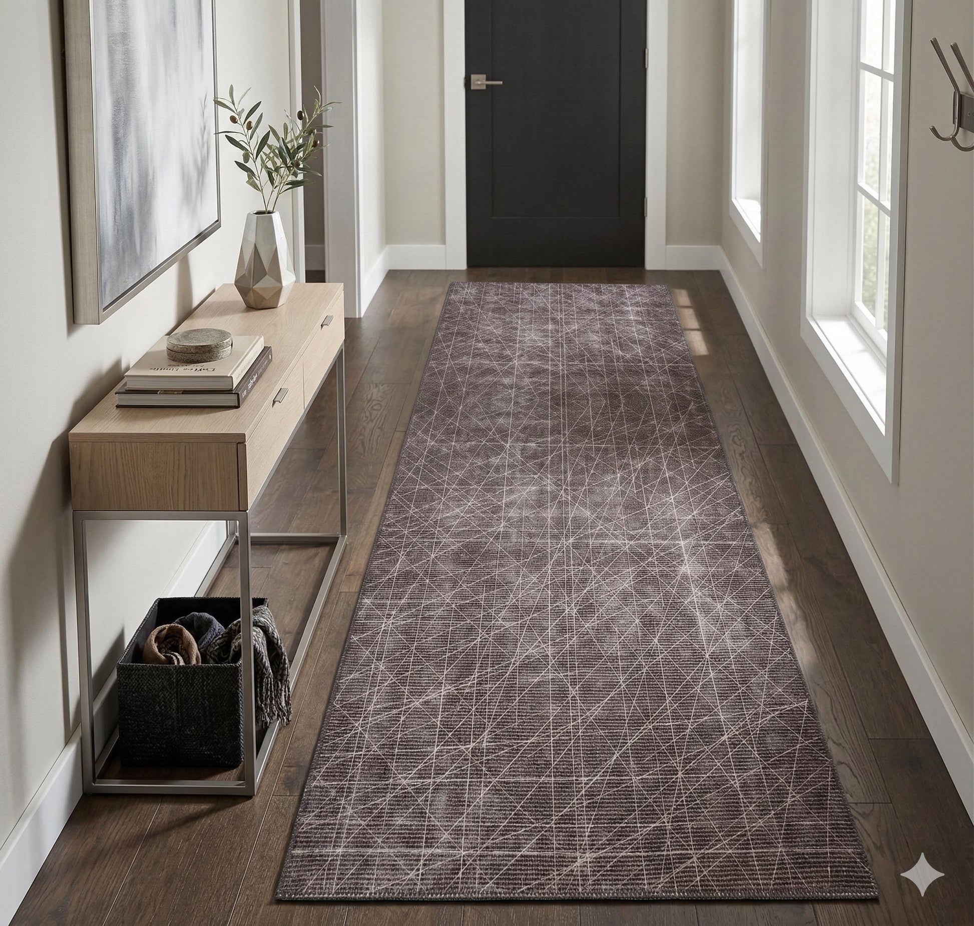 Modern Geometric Runner Rug | Charcoal White Line Art Hallway Mat