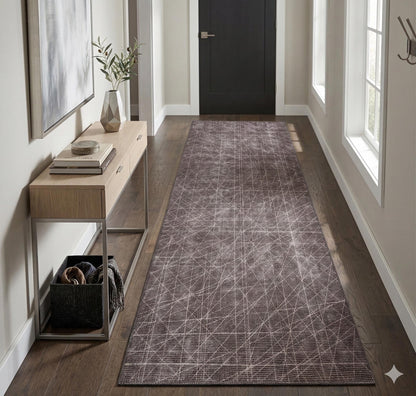 Modern Geometric Runner Rug | Charcoal White Line Art Hallway Mat