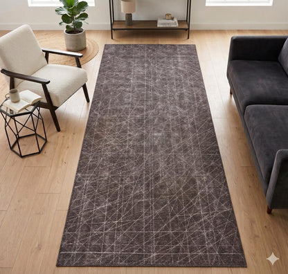Modern Geometric Runner Rug | Charcoal White Line Art Hallway Mat