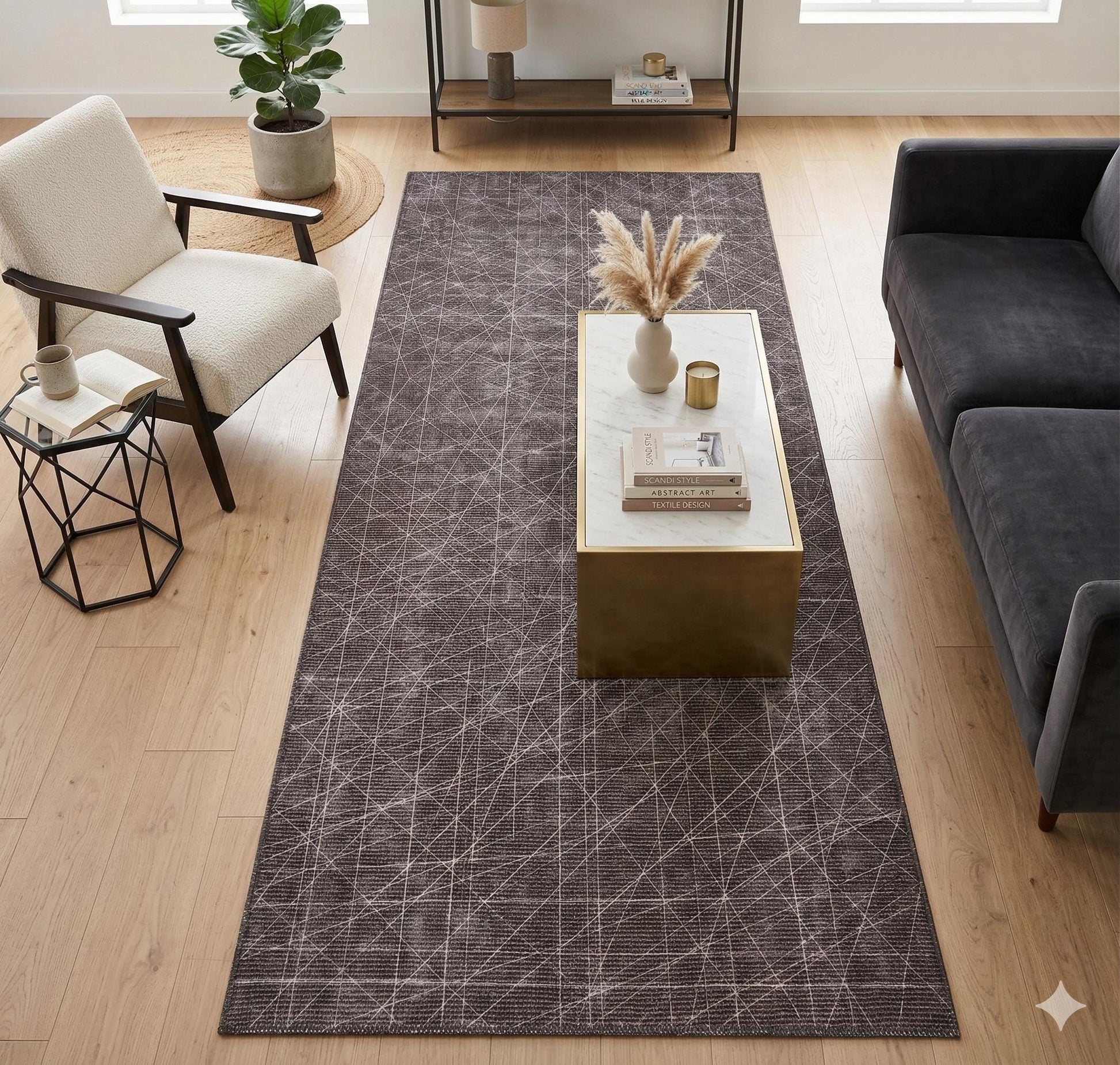 Modern Geometric Runner Rug | Charcoal White Line Art Hallway Mat