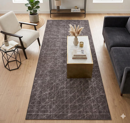 Modern Geometric Runner Rug | Charcoal White Line Art Hallway Mat