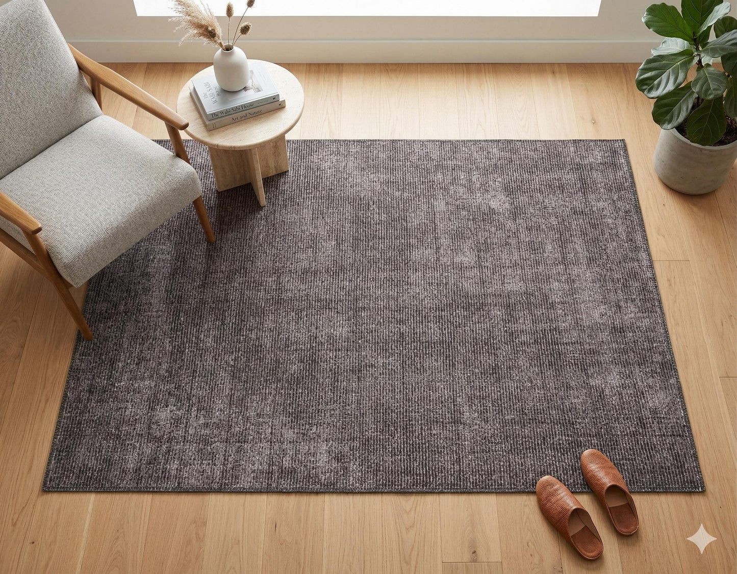 Washable Charcoal Grey Distressed Area Rug | Low Pile Non-Slip Boho Carpet