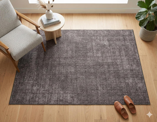 Washable Charcoal Grey Distressed Area Rug | Low Pile Non-Slip Boho Carpet