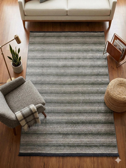 Modern Silver Striped Area Rug – Textured Contemporary Floor Carpet for Living Room & Office