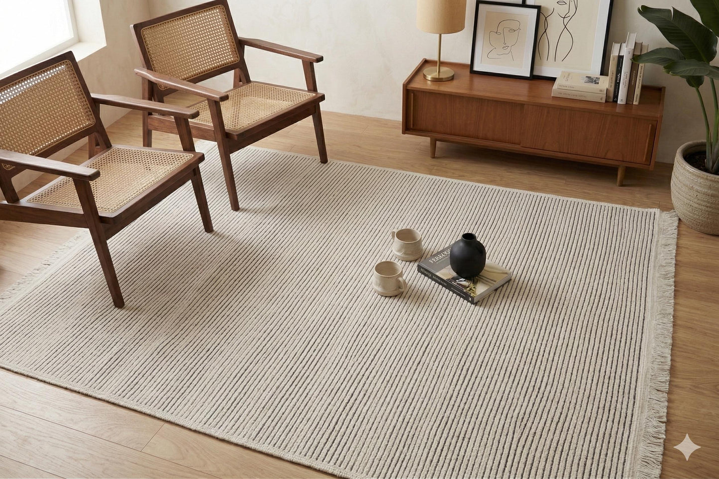 Modern Striped Area Rug – Light Gray, Black Fringe Cotton Carpet