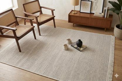 Modern Striped Area Rug – Light Gray, Black Fringe Cotton Carpet