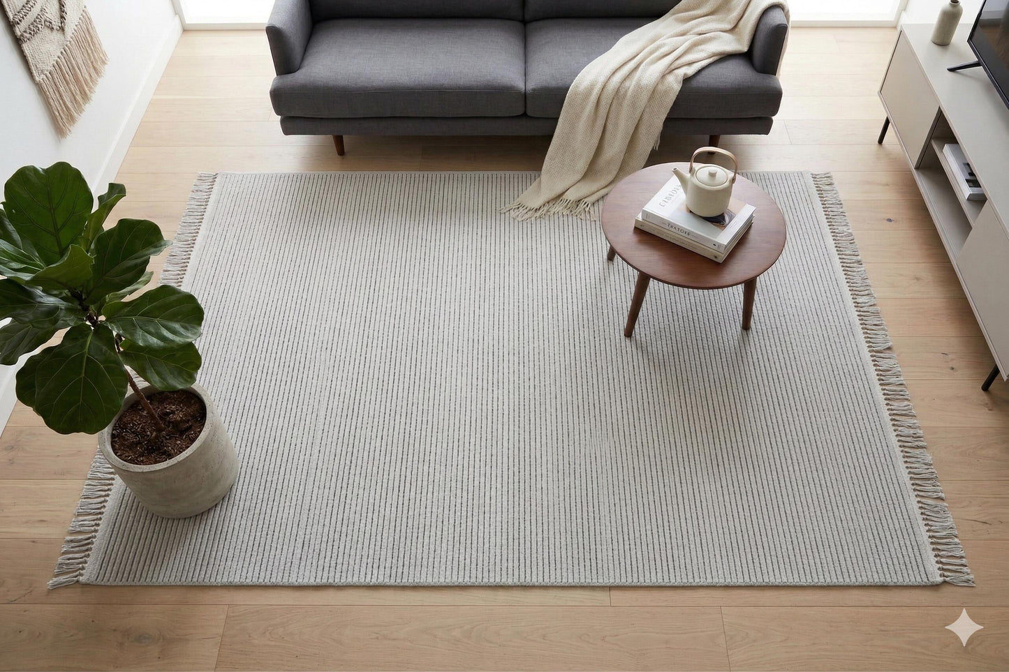 Modern Striped Area Rug – Light Gray, Black Fringe Cotton Carpet