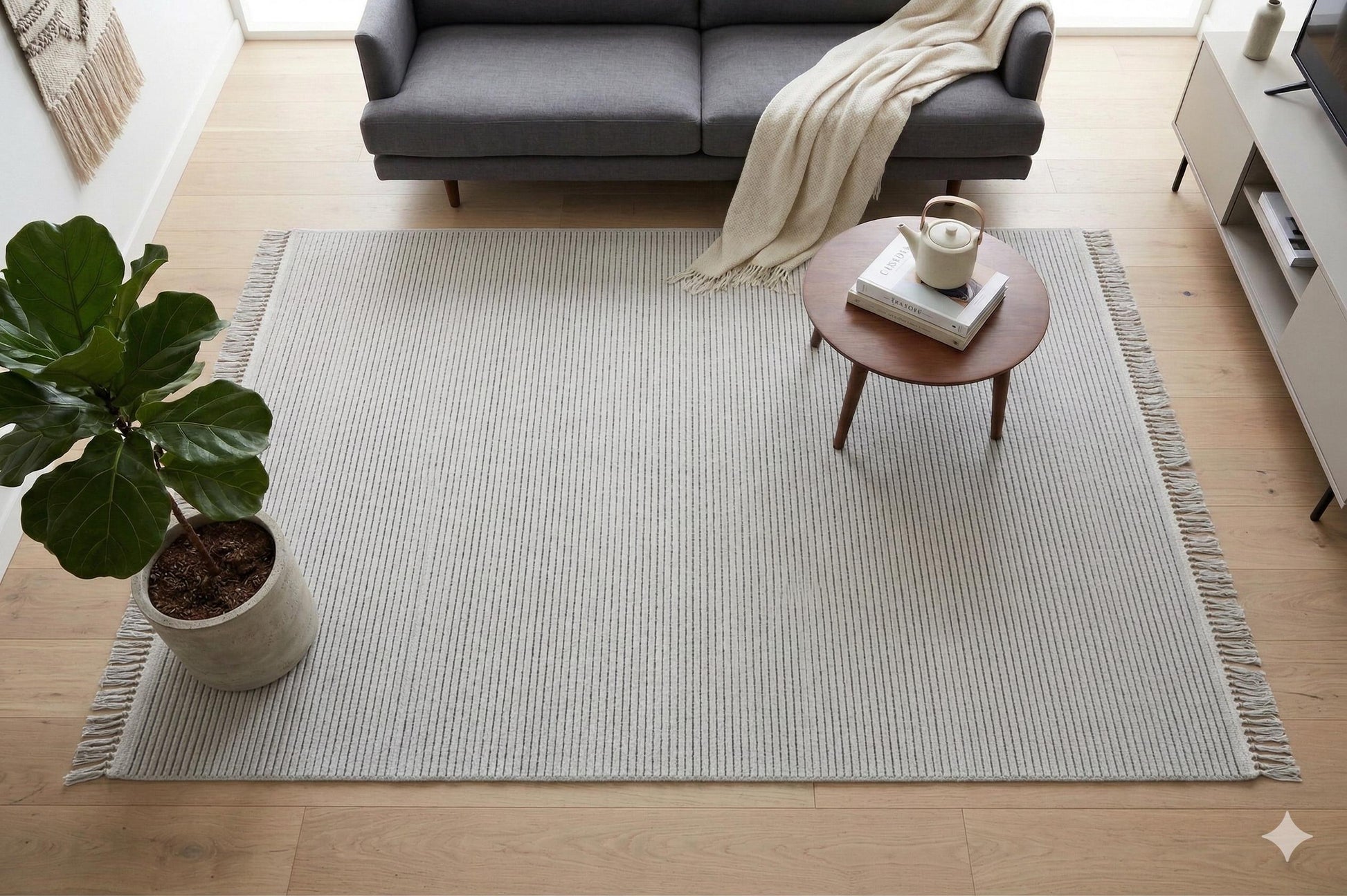 Modern Striped Area Rug – Light Gray, Black Fringe Cotton Carpet
