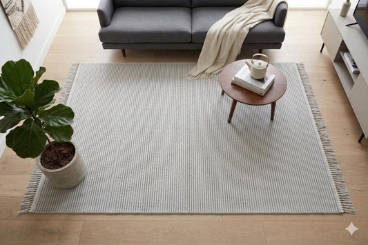 Modern Striped Area Rug – Light Gray, Black Fringe Cotton Carpet