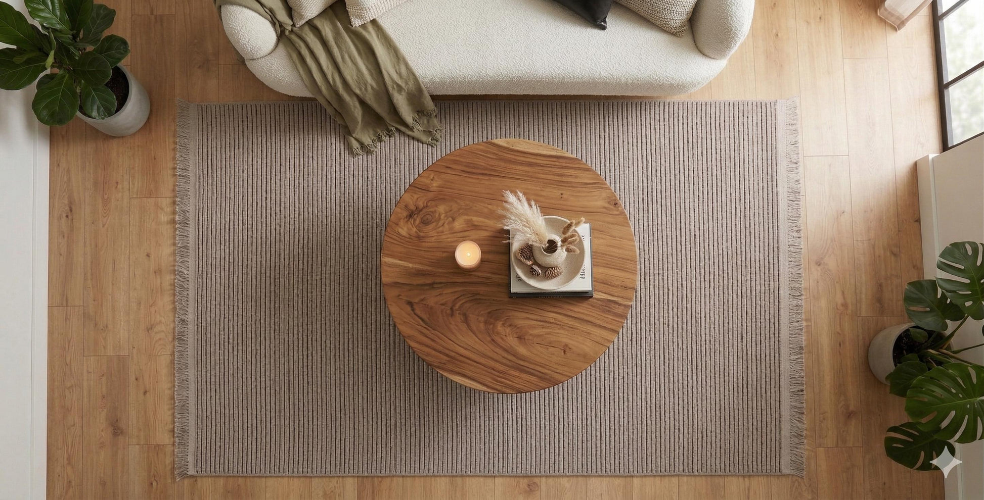 Modern Ribbed Area Rug – Beige Taupe Striped Carpet, Hand-Woven Cotton Blend, Scandi Style
