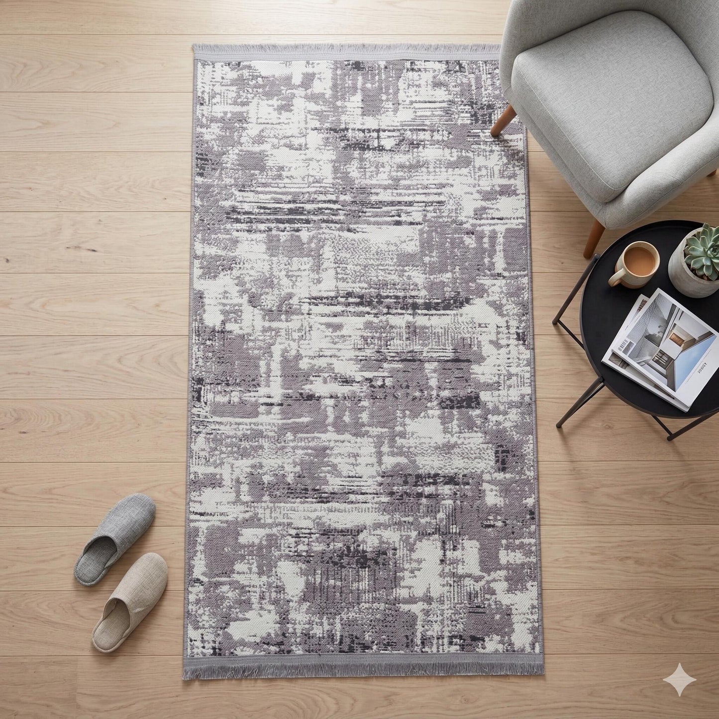 Distressed Abstract Area Rug, Grey White Washable Carpet, Modern Fringed Runner