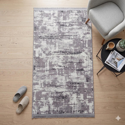 Distressed Abstract Area Rug, Grey White Washable Carpet, Modern Fringed Runner