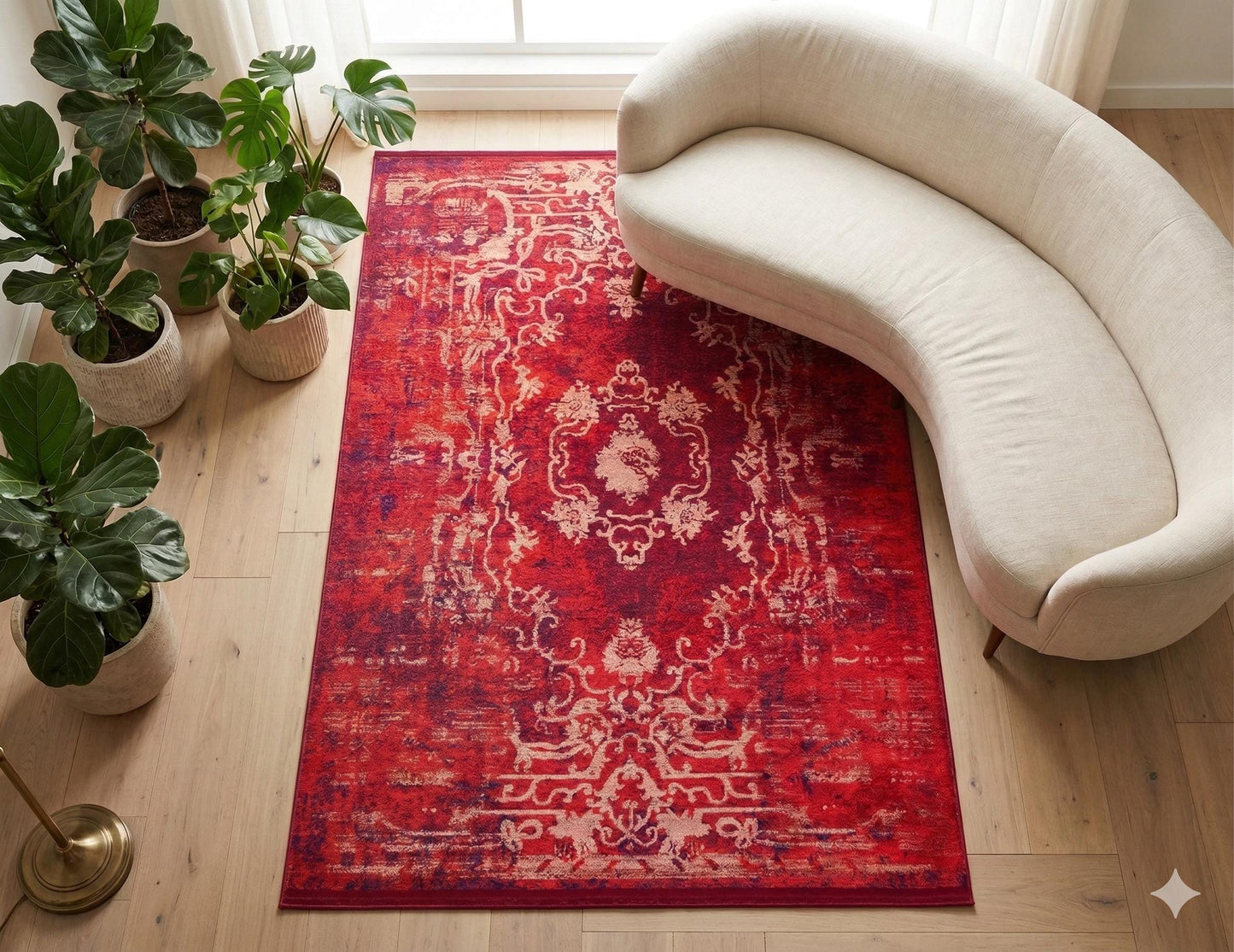 Red Distressed Medallion Rug, Bohemian Persian Style Living Room Carpet, Washable Floor Decor