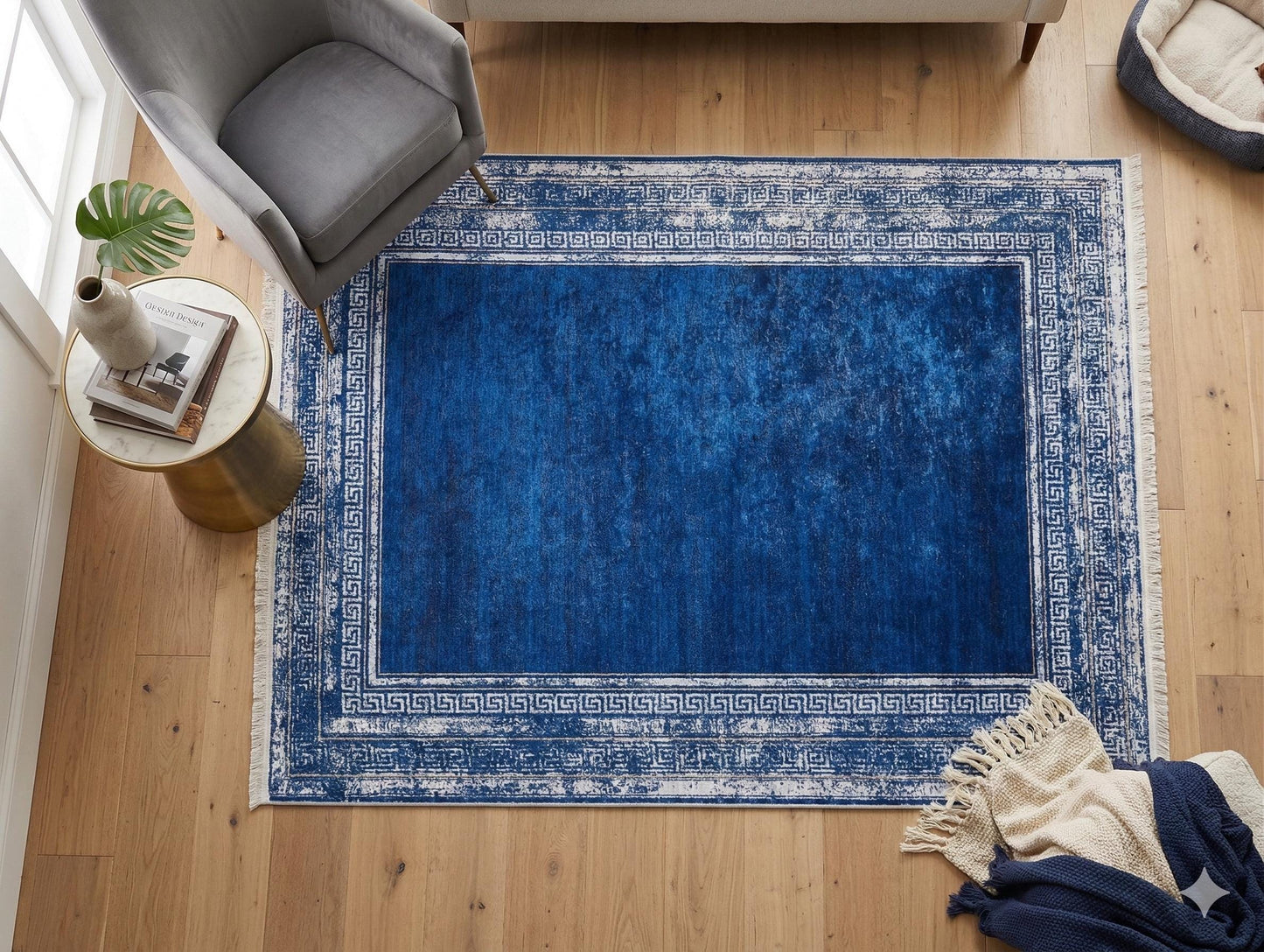 Navy Blue Greek Key Area Rug – Distressed Medallion Border Carpet, Boho Home Decor