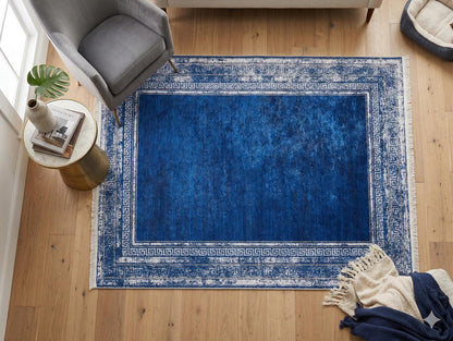 Navy Blue Greek Key Area Rug – Distressed Medallion Border Carpet, Boho Home Decor