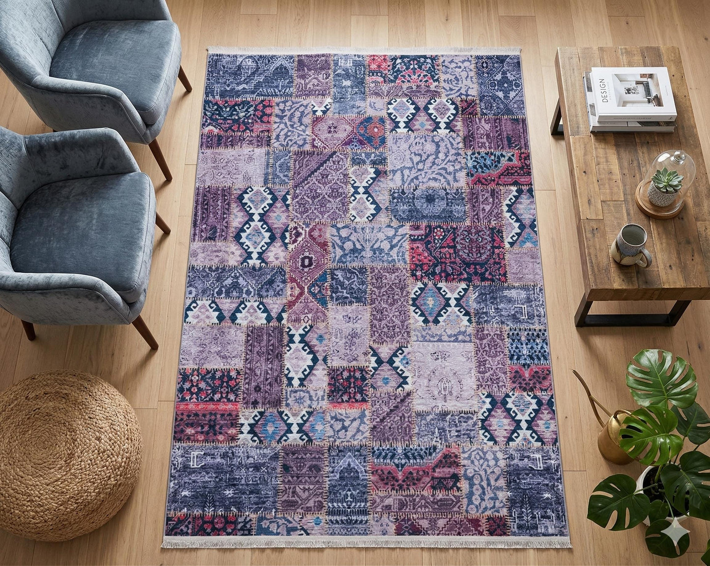 Bohemian Patchwork Rug, Purple Indigo Vintage Style Distressed Carpet, Easy Clean Non-Shedding