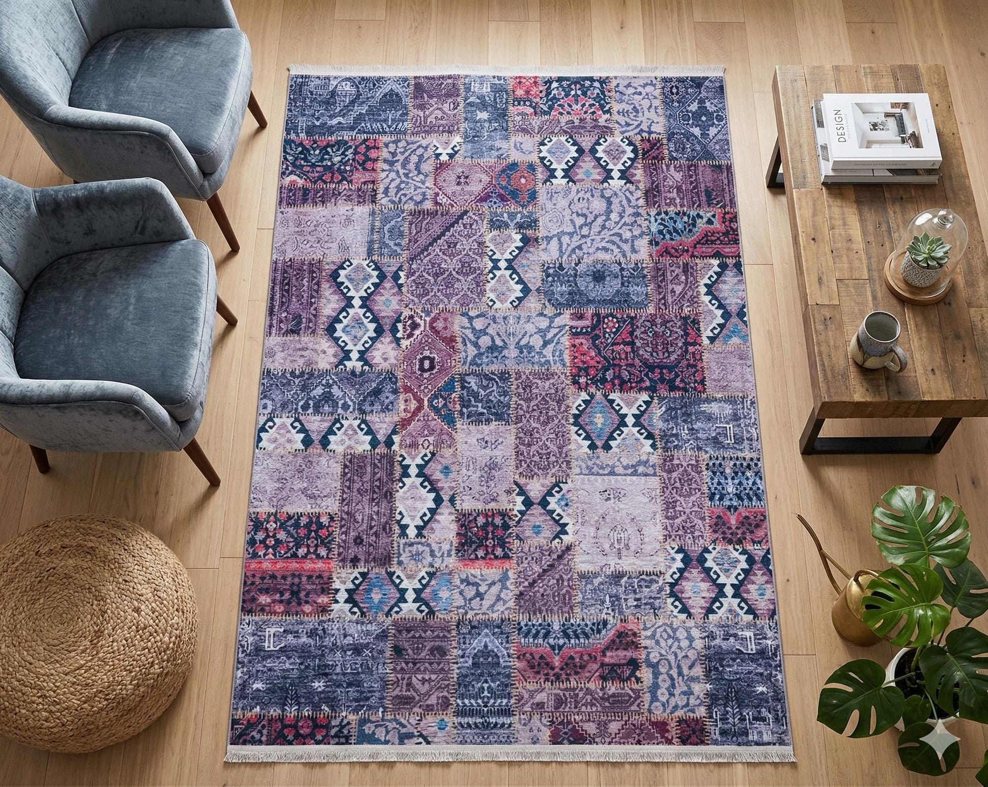 Bohemian Patchwork Rug, Purple Indigo Vintage Style Distressed Carpet, Easy Clean Non-Shedding